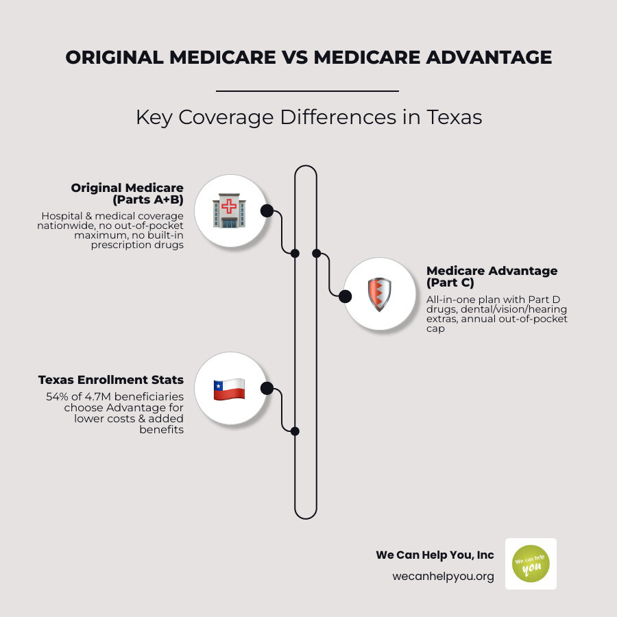 infographic showing Original Medicare Parts A and B versus Medicare Advantage Part C with integrated prescription coverage, supplemental benefits like dental and vision, and annual out-of-pocket maximums, highlighting that 54% of Texas Medicare beneficiaries choose Advantage plans - Medicare Advantage Texas infographic infographic-line-3-steps-elegant_beige