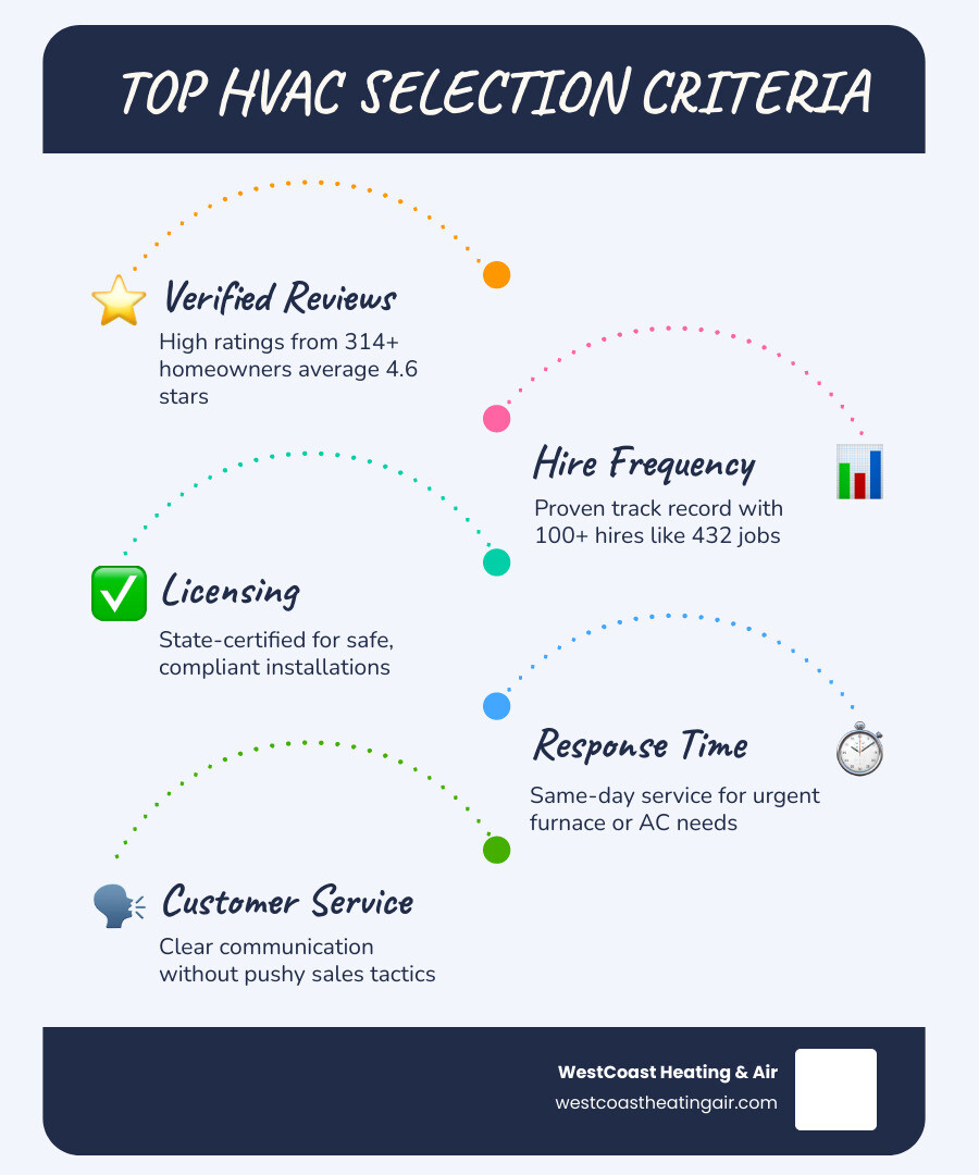 infographic showing criteria for selecting top-rated HVAC contractors in Tacoma including verified reviews, licensing verification, response time, hire frequency, years of experience, warranty offerings, and customer service ratings - "Who are the top-rated heating and air conditioning companies in Tacoma?" infographic infographic-line-5-steps-blues-accent_colors