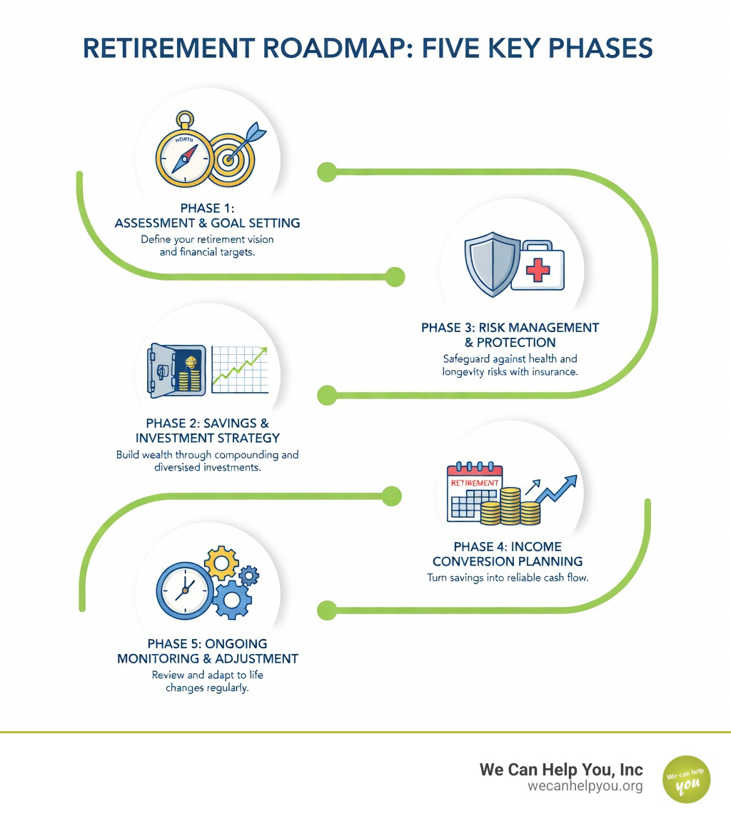 retirement planning stages infographic showing five key phases: assessment and goal setting, savings and investment strategy, risk management and protection, income conversion planning, and ongoing monitoring and adjustment - plan your retirement infographic 