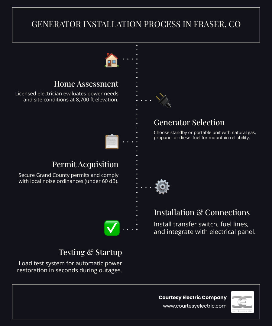 Infographic showing the generator installation process: 1) Home assessment and power load calculation, 2) Generator and fuel source selection, 3) Permit acquisition and site preparation, 4) Transfer switch installation, 5) Generator placement and electrical connections, 6) Fuel line hookup, 7) System testing and startup, 8) Final inspection and homeowner training - generators installation in fraser, co infographic infographic-line-5-steps-dark Infographic showing the generator installation process: 1) Home assessment and power load calculation, 2) Generator and fuel source selection, 3) Permit acquisition and site preparation, 4) Transfer switch installation, 5) Generator placement and electrical connections, 6) Fuel line hookup, 7) System testing and startup, 8) Final inspection and homeowner training - generators installation in fraser, co infographic infographic-line-5-steps-dark