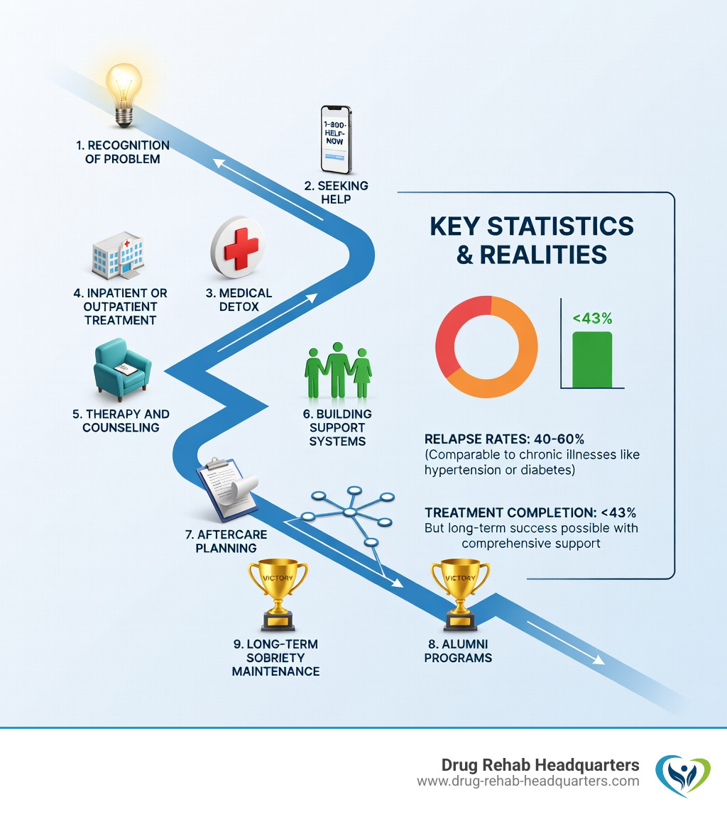 Infographic showing the recovery journey stages: Recognition of Problem → Seeking Help → Medical Detox → Inpatient or Outpatient Treatment → Therapy and Counseling → Building Support Systems → Aftercare Planning → Alumni Programs → Long-term Sobriety Maintenance, with statistics showing 40-60% relapse rates similar to chronic diseases, less than 43% treatment completion, but long-term success possible with comprehensive support - Drug Rehab Success Stories infographic 