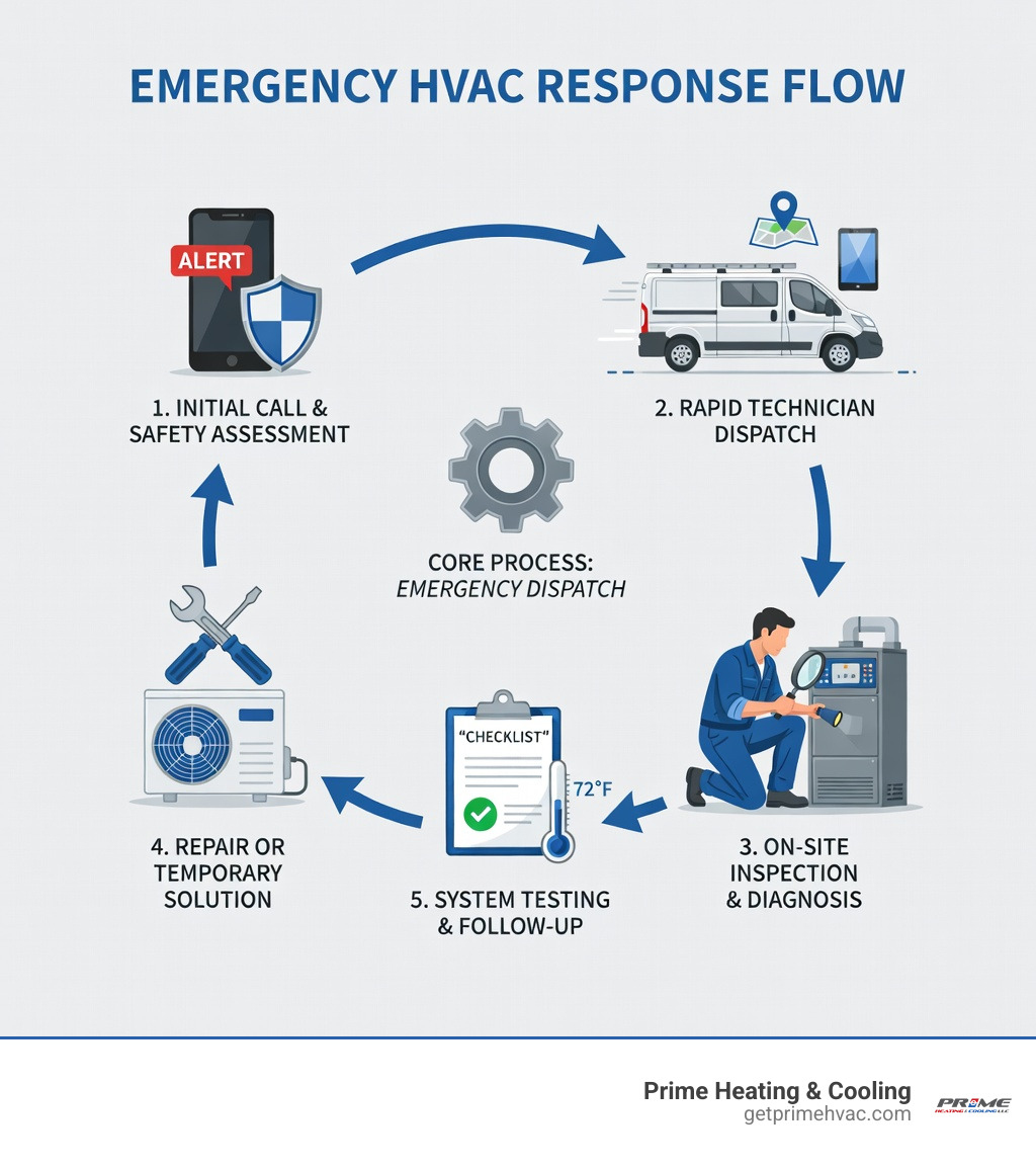 infographic showing emergency hvac dispatch process: 1. Initial call and safety assessment 2. Rapid technician dispatch with diagnostic tools 3. On-site inspection and diagnosis 4. Repair or temporary solution implementation 5. System testing and follow-up recommendations - emergency response hvac r services infographic 