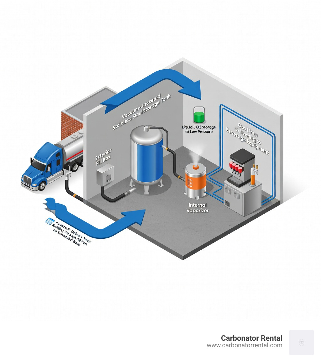 Infographic showing bulk CO2 tank system components: exterior fill box mounted on building wall, vacuum-jacketed stainless steel storage tank inside, liquid CO2 storage at low pressure, internal vaporizer converting liquid to gas, gas lines delivering to beverage equipment, and automatic delivery truck refilling through fill port on scheduled basis - bulk co2 tank infographic 