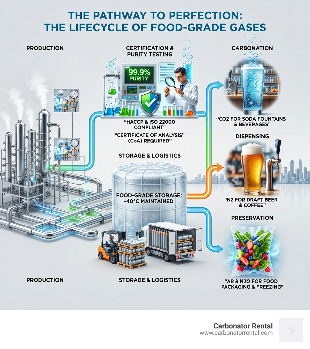 Infographic showing the journey of food grade gas from production through certification, storage, and delivery to restaurants and bars, highlighting purity testing, safety standards, and common applications in carbonation, dispensing, and preservation - food grade gas infographic 