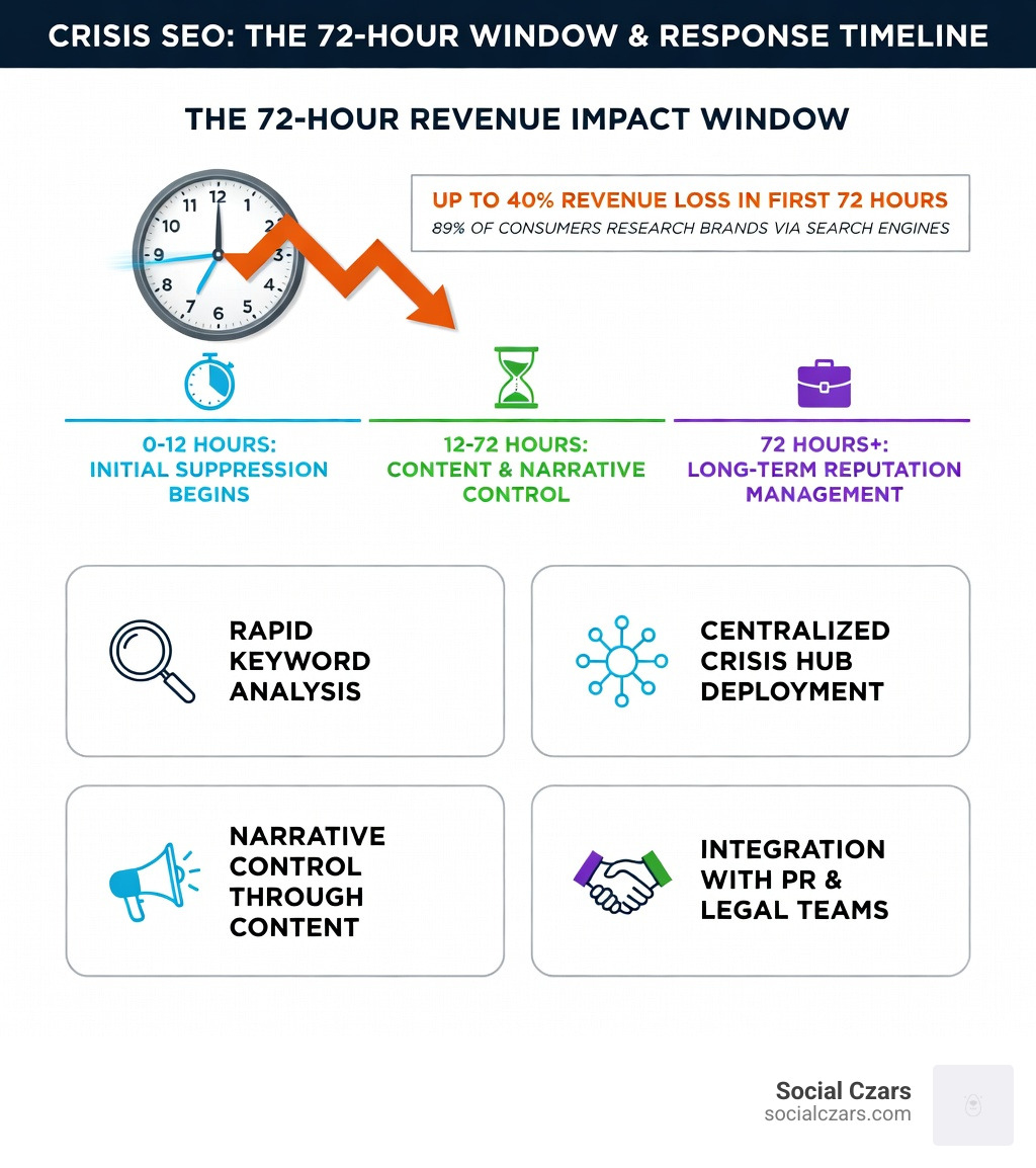 Infographic showing the 72-hour crisis window for revenue impact, the 6-12 hour suppression response timeline, and the key components of Crisis SEO: rapid keyword analysis, centralized crisis hub deployment, narrative control through content, and integration with PR and legal teams - Crisis SEO Agencies NYC infographic 