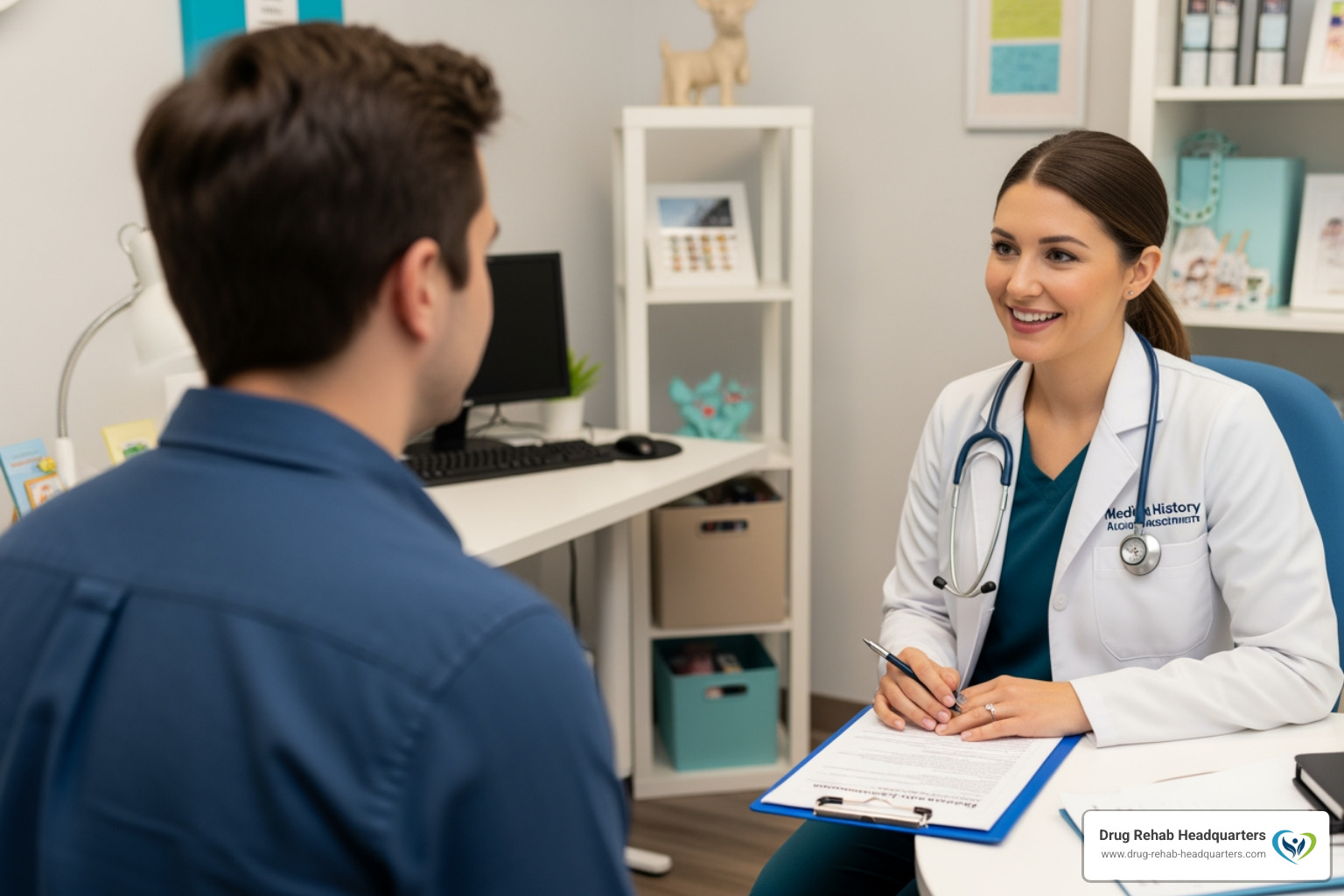 A person sitting with a healthcare professional for a clinical assessment, discussing medical history and treatment goals in a bright, supportive office - outpatient drug treatment