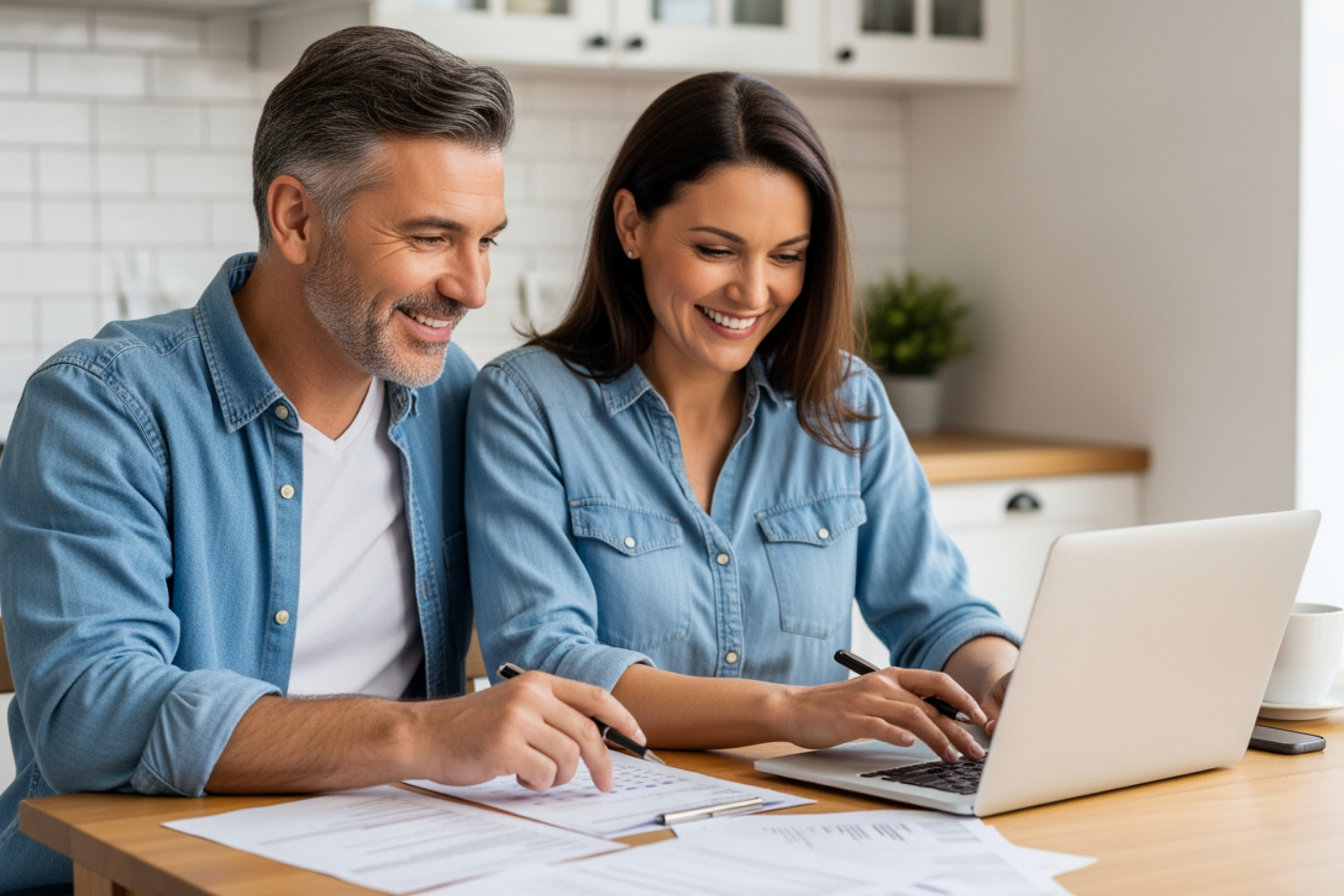 middle aged couple calculating their retirement savings at a kitchen table with a laptop and paperwork - calculate how much i need to retire