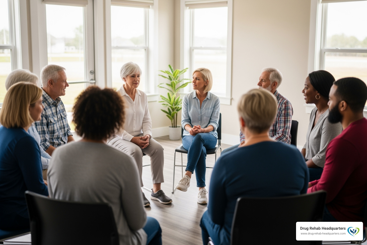 A supportive group therapy session where individuals are sharing experiences in a circle - Inpatient Drug Treatment
