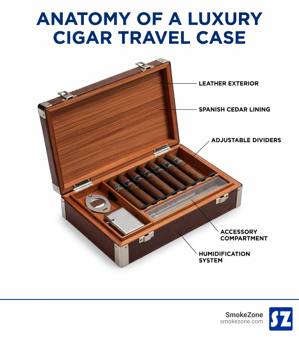 Anatomy of a luxury cigar travel case showing Spanish cedar lining, leather exterior, humidification system, adjustable dividers, and accessory compartments - luxury cigar travel case infographic Anatomy of a luxury cigar travel case showing Spanish cedar lining, leather exterior, humidification system, adjustable dividers, and accessory compartments - luxury cigar travel case infographic