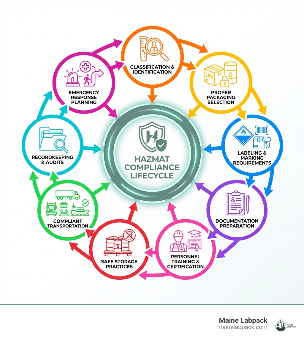 Infographic showing the hazmat compliance lifecycle: classification and identification, proper packaging selection, labeling and marking requirements, documentation preparation, personnel training and certification, safe storage practices, compliant transportation, recordkeeping and audits, and emergency response planning - hazmat compliance infographic Infographic showing the hazmat compliance lifecycle: classification and identification, proper packaging selection, labeling and marking requirements, documentation preparation, personnel training and certification, safe storage practices, compliant transportation, recordkeeping and audits, and emergency response planning - hazmat compliance infographic
