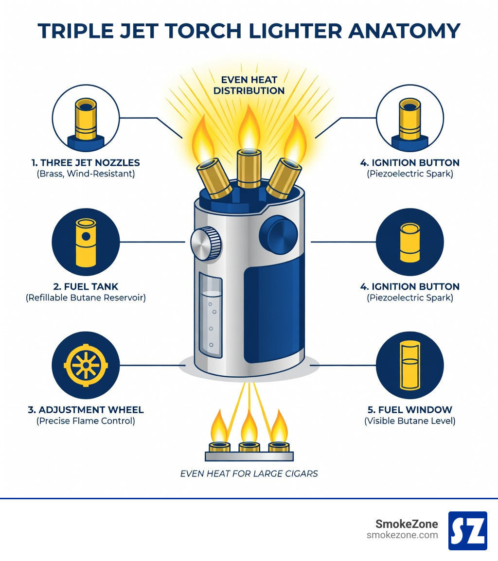 infographic showing the anatomy of a triple jet torch lighter including the three jet nozzles, fuel tank, adjustment wheel, ignition button, fuel window, and how the three flames converge to create even heat distribution for lighting large ring gauge cigars - best triple flame lighter infographic infographic showing the anatomy of a triple jet torch lighter including the three jet nozzles, fuel tank, adjustment wheel, ignition button, fuel window, and how the three flames converge to create even heat distribution for lighting large ring gauge cigars - best triple flame lighter infographic