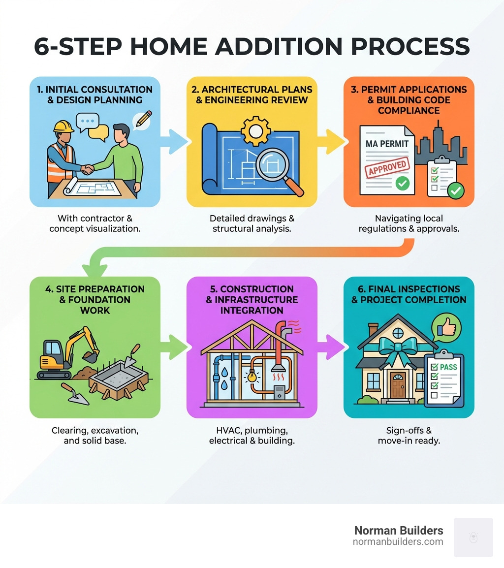 infographic showing the 6-step home addition process: 1. Initial Consultation and Design Planning with contractor, 2. Architectural Plans and Engineering Review, 3. Permit Applications and Building Code Compliance, 4. Site Preparation and Foundation Work, 5. Construction and Infrastructure Integration (HVAC, plumbing, electrical), 6. Final Inspections and Project Completion - Home Addition Contractors MA infographic infographic showing the 6-step home addition process: 1. Initial Consultation and Design Planning with contractor, 2. Architectural Plans and Engineering Review, 3. Permit Applications and Building Code Compliance, 4. Site Preparation and Foundation Work, 5. Construction and Infrastructure Integration (HVAC, plumbing, electrical), 6. Final Inspections and Project Completion - Home Addition Contractors MA infographic