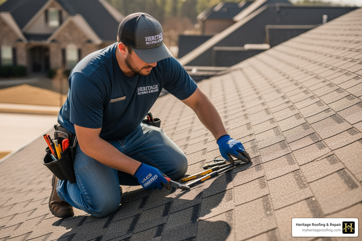 Heritage Roofing & Repair technician inspecting roof shingles for granule loss and brittleness - roof restoration services Heritage Roofing & Repair technician inspecting roof shingles for granule loss and brittleness - roof restoration services