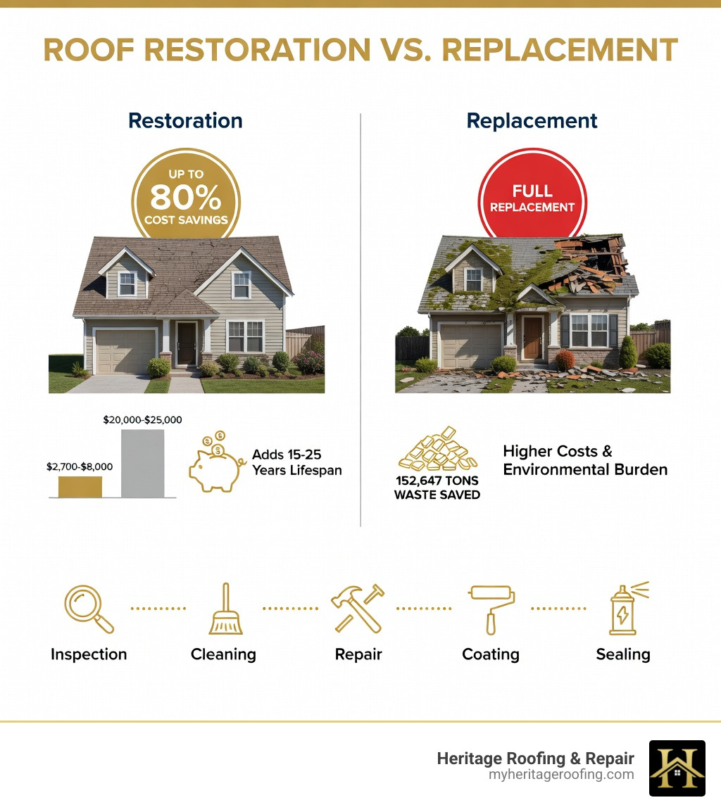 Infographic comparing roof restoration vs replacement showing cost differences, lifespan extension of 15-25 years, 80% cost savings, environmental impact with 152,647 tons waste saved, and step-by-step restoration process including inspection, cleaning, repair, coating, and sealing - roof restoration services infographic Infographic comparing roof restoration vs replacement showing cost differences, lifespan extension of 15-25 years, 80% cost savings, environmental impact with 152,647 tons waste saved, and step-by-step restoration process including inspection, cleaning, repair, coating, and sealing - roof restoration services infographic