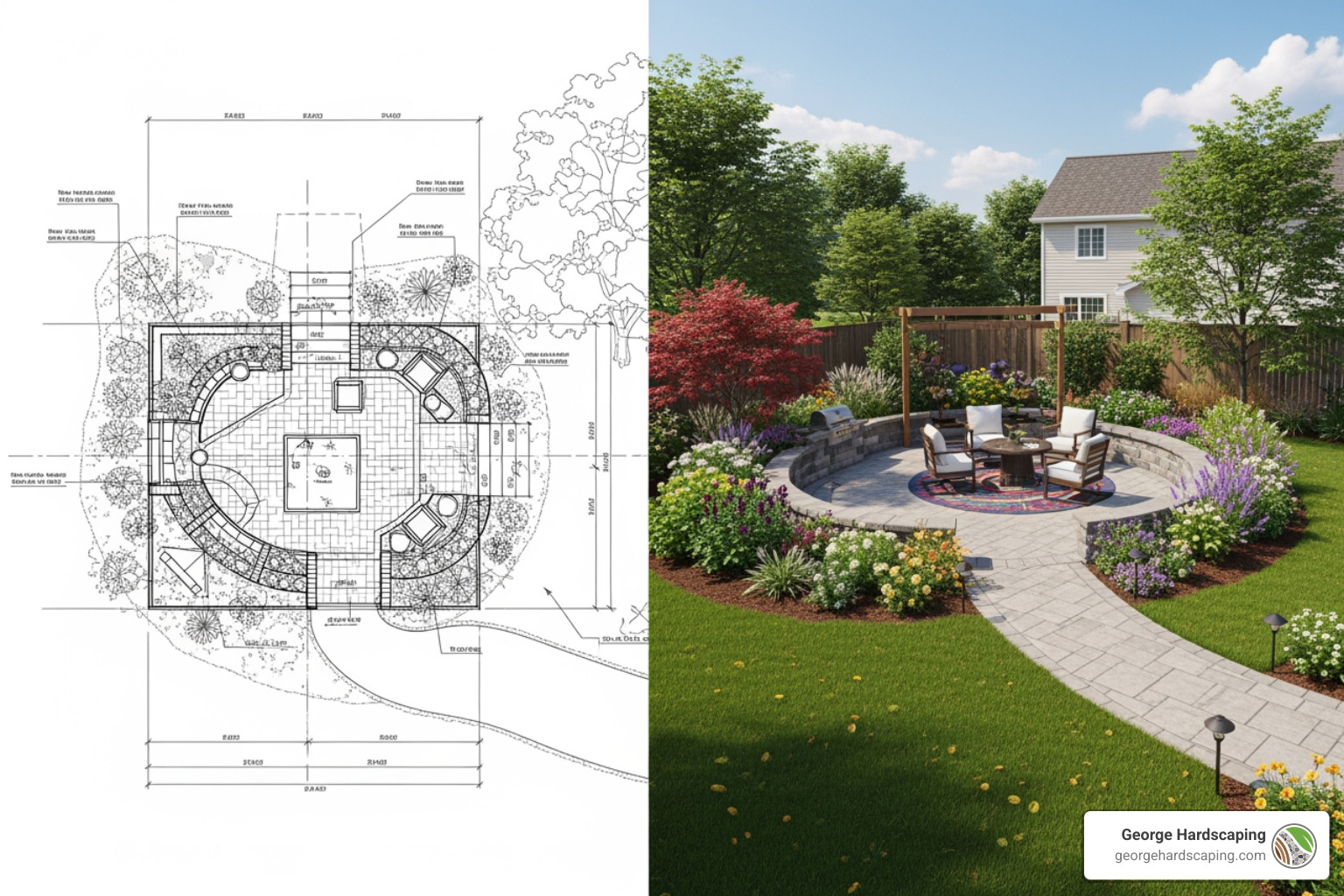 Comparison of 2D technical landscape drawings and 3D visual design deliverables - Backyard design service