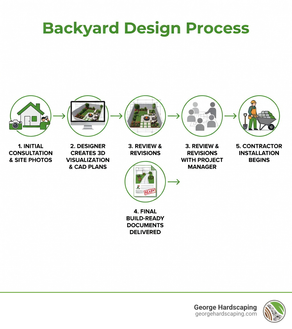 Infographic showing the backyard design process: 1. Initial consultation and site photos, 2. Designer creates 3D visualization and CAD plans, 3. Review and revisions with project manager, 4. Final build-ready documents delivered, 5. Contractor installation begins - Backyard design service infographic 