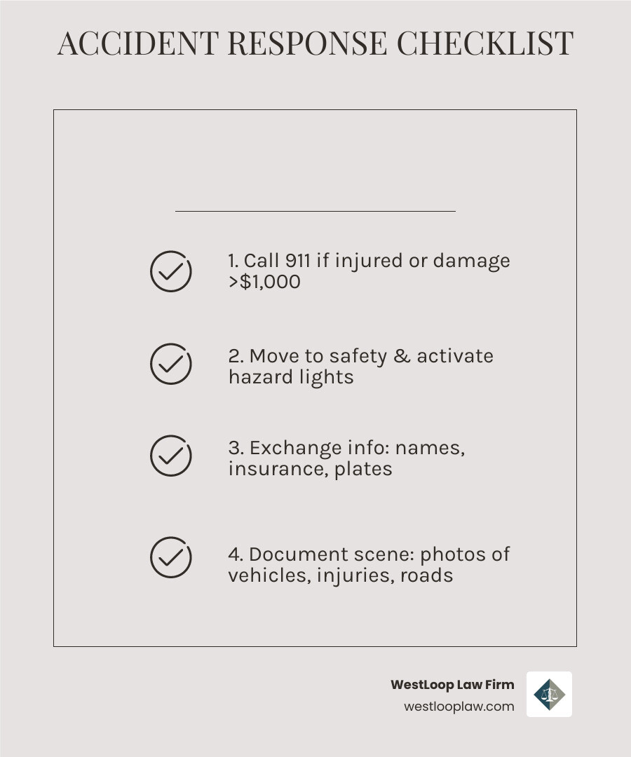 infographic showing 10 critical steps to take immediately after a Houston car accident, including calling 911, documenting the scene with photos, exchanging information, seeking medical care, and contacting a lawyer before speaking to insurance adjusters - Immediate legal help accident infographic checklist-light-beige infographic showing 10 critical steps to take immediately after a Houston car accident, including calling 911, documenting the scene with photos, exchanging information, seeking medical care, and contacting a lawyer before speaking to insurance adjusters - Immediate legal help accident infographic checklist-light-beige