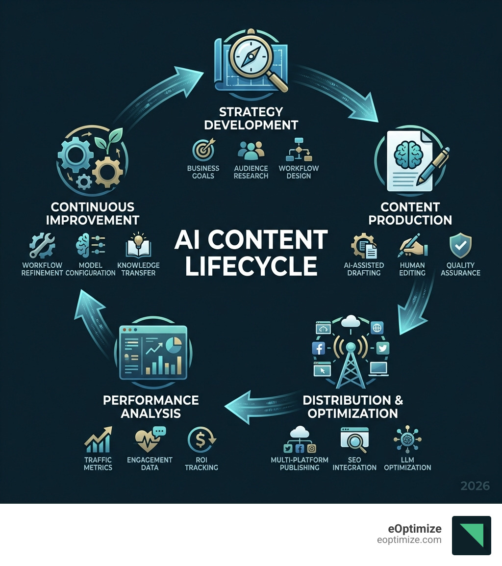Infographic showing the AI content lifecycle: Strategy Development (business goals, audience research, workflow design) → Content Production (AI-assisted drafting, human editing, quality assurance) → Distribution & Optimization (multi-platform publishing, SEO integration, LLM optimization) → Performance Analysis (traffic metrics, engagement data, ROI tracking) → Continuous Improvement (workflow refinement, model configuration, knowledge transfer) - AI content strategy consulting infographic 