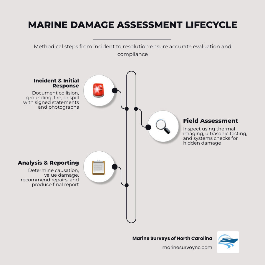 Infographic showing the marine damage assessment lifecycle: 1) Incident occurs (collision, grounding, fire, spill), 2) Initial response and documentation (signed statements, photographs), 3) Field assessment (thermal imaging, ultrasonic testing, systems inspection), 4) Causation and failure analysis, 5) Valuation and repair recommendations, 6) Final report and claims support, 7) Restoration or repair implementation, 8) Monitoring and compliance verification - Marine damage assessment infographic infographic-line-3-steps-elegant_beige Infographic showing the marine damage assessment lifecycle: 1) Incident occurs (collision, grounding, fire, spill), 2) Initial response and documentation (signed statements, photographs), 3) Field assessment (thermal imaging, ultrasonic testing, systems inspection), 4) Causation and failure analysis, 5) Valuation and repair recommendations, 6) Final report and claims support, 7) Restoration or repair implementation, 8) Monitoring and compliance verification - Marine damage assessment infographic infographic-line-3-steps-elegant_beige
