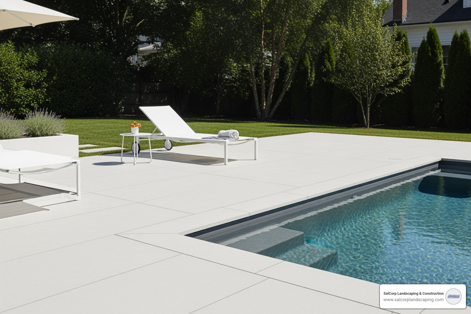 A sleek porcelain pool deck with minimalist furniture - best paving ideas