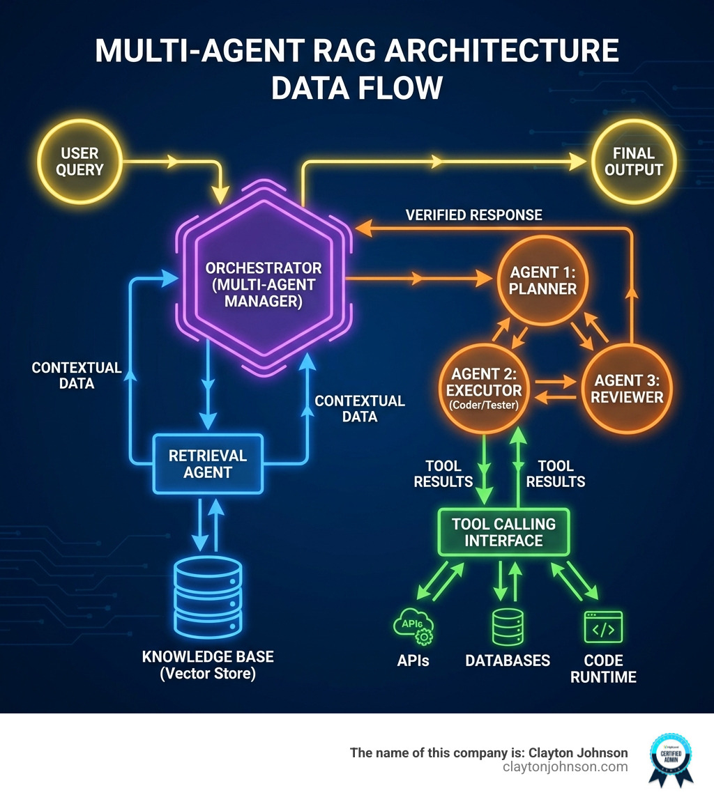 Infographic showing the flow of data in a multi-agent RAG architecture from user query to tool calling and final output - AI coding frameworks infographic 