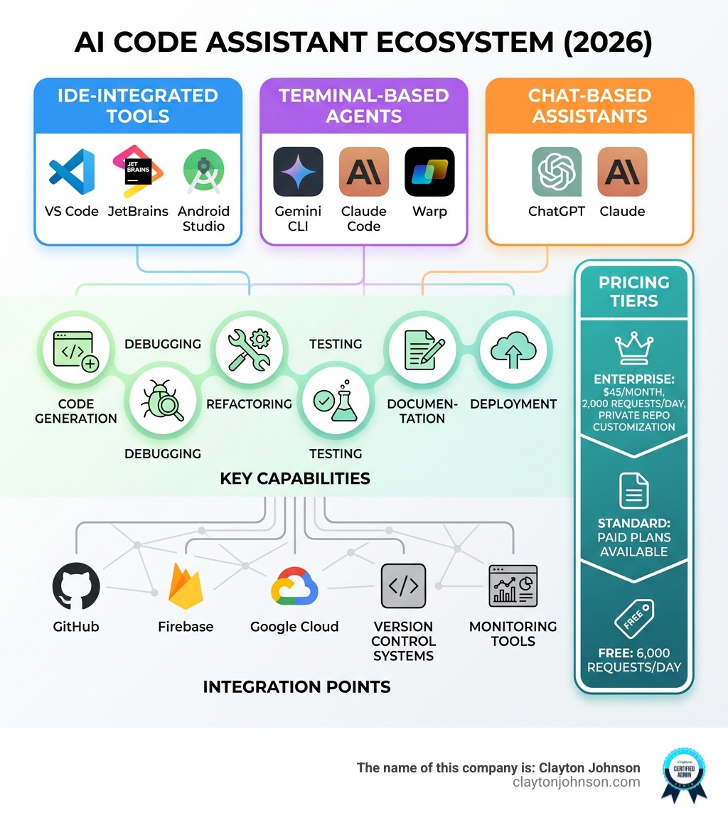 Infographic showing the AI code assistant ecosystem: at the top, three main categories - IDE-Integrated Tools (VS Code, JetBrains, Android Studio), Terminal-Based Agents (Gemini CLI, Claude Code, Warp), and Chat-Based Assistants (ChatGPT, Claude). Below that, key capabilities including code generation, debugging, refactoring, testing, documentation, and deployment. At the bottom, integration points connecting to GitHub, Firebase, Google Cloud, version control systems, and monitoring tools. Side panel shows pricing tiers from free (6,000 requests/day) to enterprise ($45/month with 2,000 requests/day and private repo customization). - ai code assistant infographic Infographic showing the AI code assistant ecosystem: at the top, three main categories - IDE-Integrated Tools (VS Code, JetBrains, Android Studio), Terminal-Based Agents (Gemini CLI, Claude Code, Warp), and Chat-Based Assistants (ChatGPT, Claude). Below that, key capabilities including code generation, debugging, refactoring, testing, documentation, and deployment. At the bottom, integration points connecting to GitHub, Firebase, Google Cloud, version control systems, and monitoring tools. Side panel shows pricing tiers from free (6,000 requests/day) to enterprise ($45/month with 2,000 requests/day and private repo customization). - ai code assistant infographic