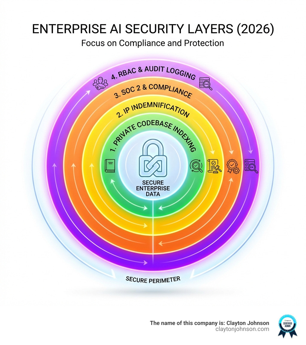 infographic showing the layers of enterprise AI security including IP indemnification and private codebase indexing - ai programming tools infographic 