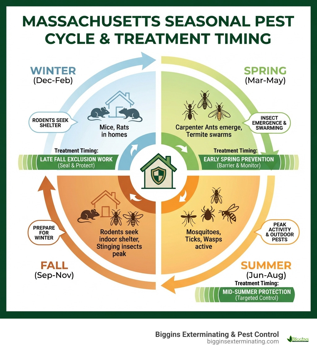 Infographic showing Massachusetts seasonal pest cycle: Winter (mice, rats in homes), Spring (carpenter ants emerge, termite swarms), Summer (mosquitoes, ticks, wasps active), Fall (rodents seek indoor shelter, stinging insects peak). Chart includes recommended treatment timing: early spring prevention, mid-summer protection, late fall exclusion work - Professional pest control MA infographic 