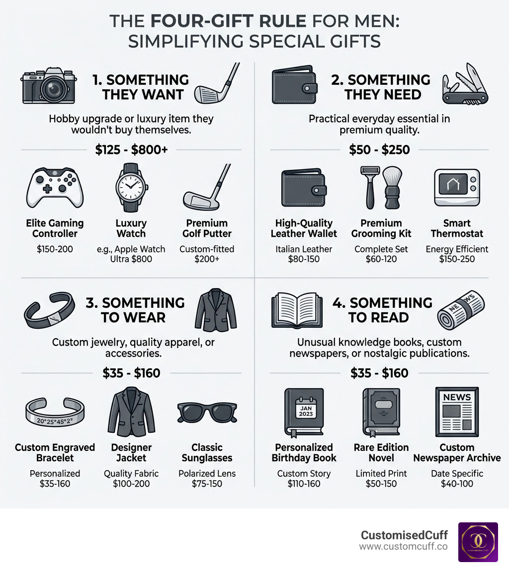 Infographic showing the Four-Gift Rule for men: 1. Something They Want (hobby upgrade or luxury item they wouldn't buy themselves), 2. Something They Need (practical everyday essential in premium quality), 3. Something to Wear (custom jewelry, quality apparel, or accessories), 4. Something to Read (unusual knowledge books, custom newspapers, or nostalgic publications). Each category includes budget ranges and specific examples like custom bracelets $35-160, Apple Watch Ultra $800, personalized books $110-160. - gifts for a special man infographic 