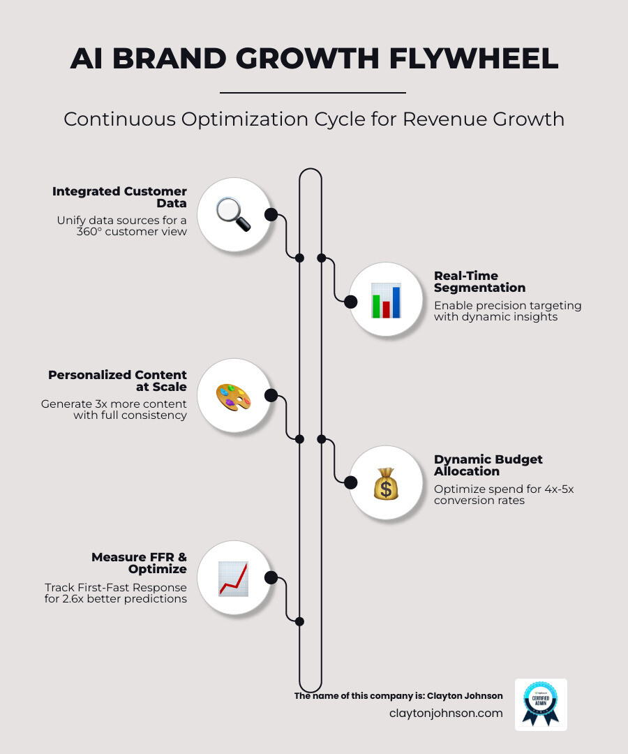 Infographic showing the AI brand growth flywheel: integrated customer data feeds real-time segmentation, which enables precision targeting and dynamic budget allocation, which generates personalized content at scale, which drives measurable brand impact through FFR and loyalty metrics, which feeds back into customer insights for continuous optimization - Brand growth AI infographic infographic-line-5-steps-elegant_beige