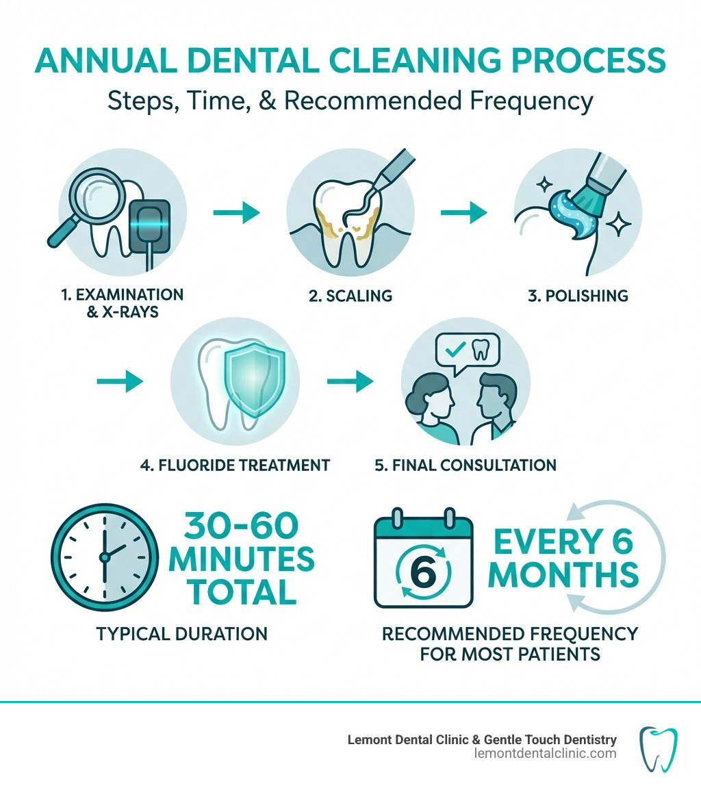 infographic showing the annual dental cleaning process: examination and x-rays, scaling to remove plaque and tartar, polishing with gritty paste, fluoride treatment, and final dentist consultation, with timeline showing 30-60 minutes total and recommended frequency of every 6 months for most patients - annual dental cleaning infographic infographic showing the annual dental cleaning process: examination and x-rays, scaling to remove plaque and tartar, polishing with gritty paste, fluoride treatment, and final dentist consultation, with timeline showing 30-60 minutes total and recommended frequency of every 6 months for most patients - annual dental cleaning infographic