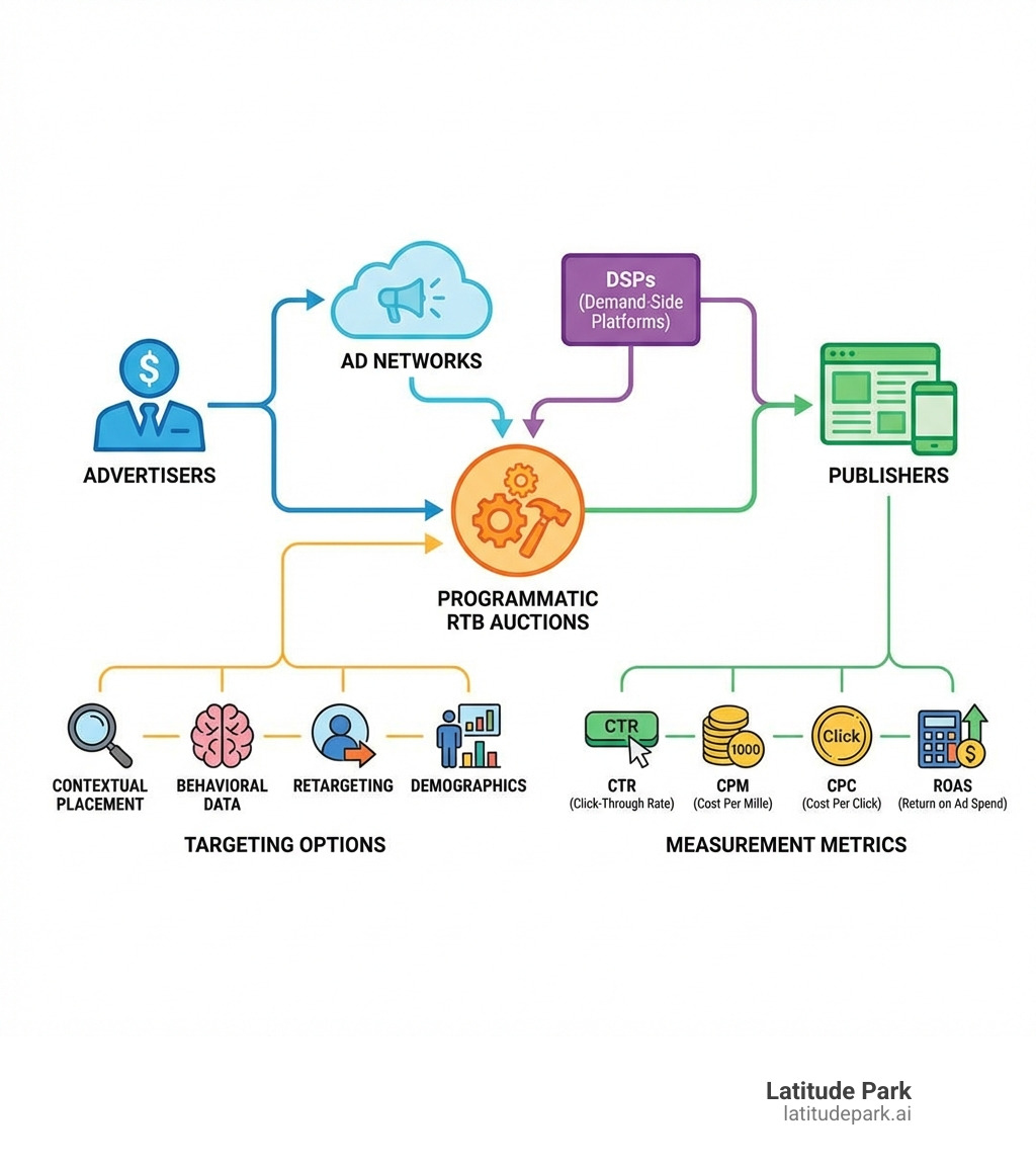 Infographic showing the banner display advertising ecosystem: advertisers connect to publishers through ad networks and DSPs using programmatic RTB auctions, with targeting options including contextual placement, behavioral data, retargeting, and demographics, measured by CTR, CPM, CPC, and ROAS - banner display advertising infographic 