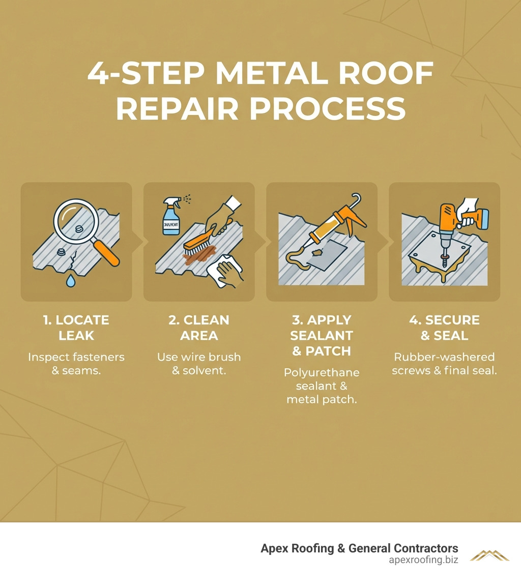 infographic showing the 4-step metal roof repair process: 1. Locate leak by inspecting fasteners and seams, 2. Clean area with wire brush and solvent, 3. Apply polyurethane sealant and metal patch, 4. Secure with rubber-washered screws and final seal - how to repair a leaky metal roof infographic 
