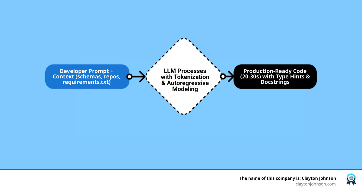 Infographic showing the four-step AI code generation workflow: 1) Developer writes plain-language prompt describing Python code need, 2) AI model processes prompt with optional context (schemas, repos, requirements), 3) LLM generates production-ready code with type hints and docstrings in 20-30 seconds, 4) Developer tests, customizes, and deploys code to production - ai code generator python infographic flowmap_simple