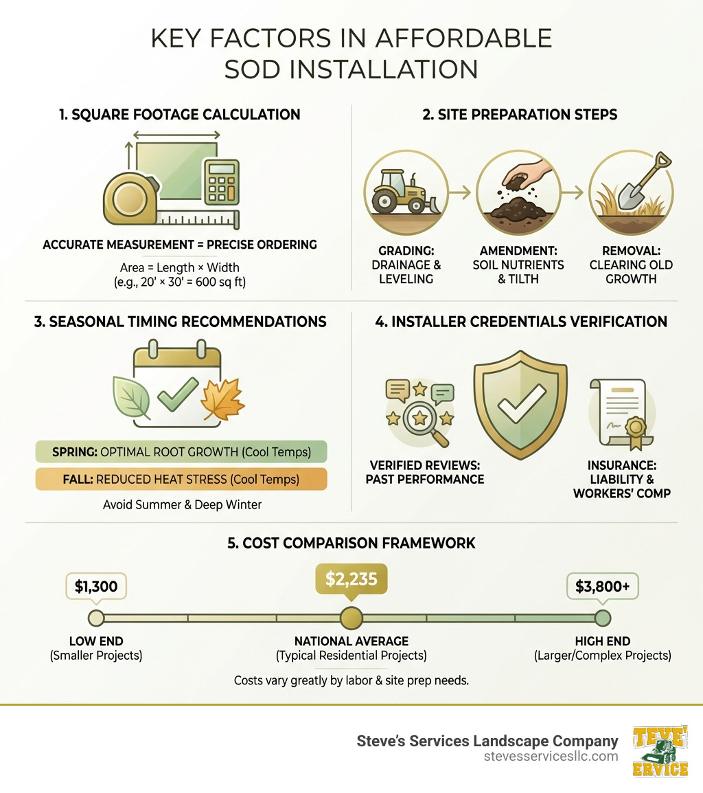 infographic showing the key factors in affordable sod installation: square footage calculation, site preparation steps including grading and soil amendment, seasonal timing recommendations for spring and fall, verification checklist for installer credentials including reviews and insurance, and cost comparison framework with national averages of $1,300-$3,800 for typical residential projects - affordable sod installers near me infographic 