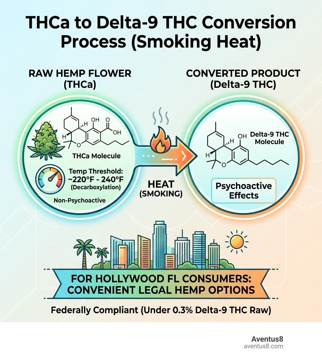Infographic showing the THCa to Delta-9 THC conversion process when heat is applied during smoking, with molecular structure diagrams and temperature thresholds, specifically designed for Hollywood FL consumers seeking convenient legal hemp options - thc-a pre-rolls online infographic Infographic showing the THCa to Delta-9 THC conversion process when heat is applied during smoking, with molecular structure diagrams and temperature thresholds, specifically designed for Hollywood FL consumers seeking convenient legal hemp options - thc-a pre-rolls online infographic