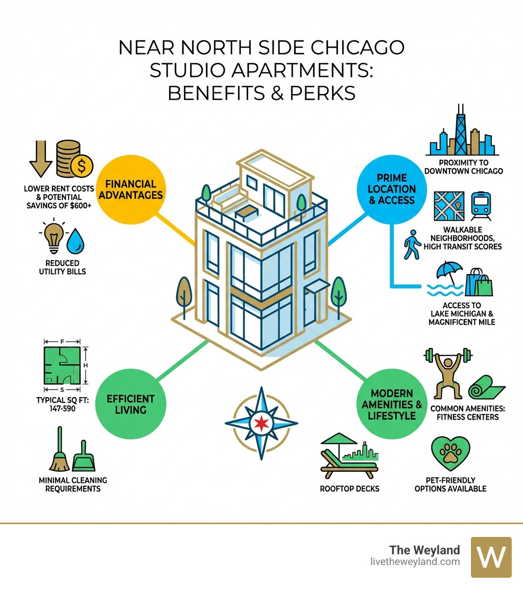 infographic showing benefits of renting a studio apartment in near north side chicago including lower rent costs, reduced utility bills, minimal cleaning requirements, proximity to downtown Chicago, walkable neighborhoods with high transit scores, access to Lake Michigan and Magnificent Mile, typical square footage ranges from 147-590 sq ft, common amenities like fitness centers and rooftop decks, pet-friendly options available, and potential savings of $600+ below market rates - studio apartment near north side chicago infographic 