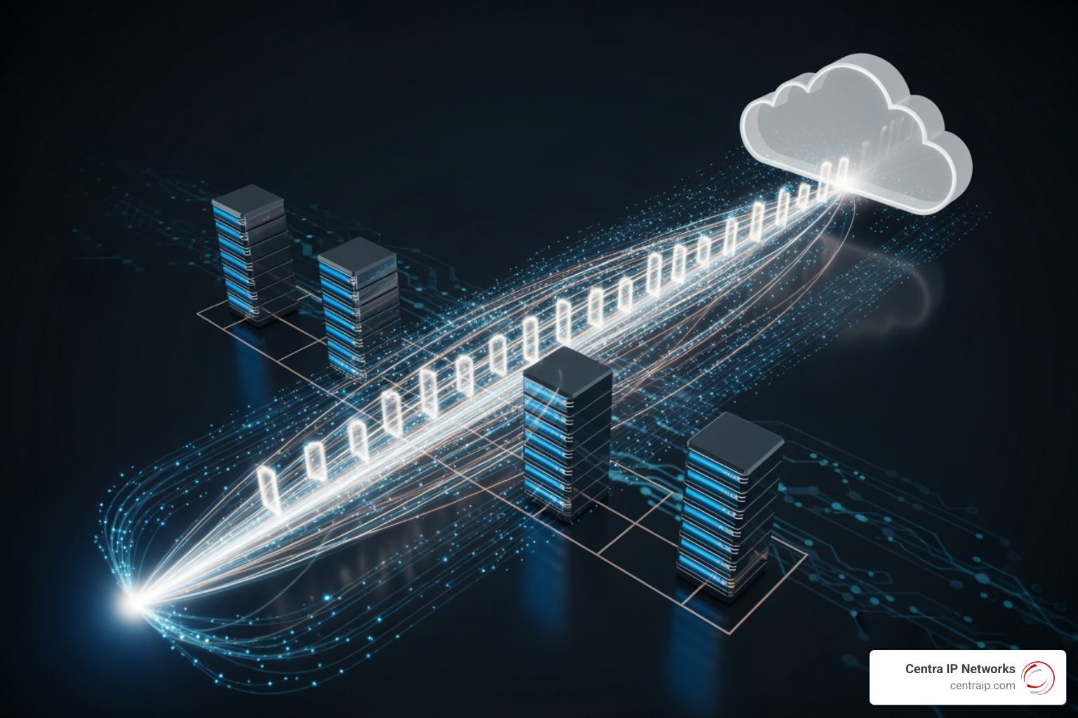 Voice data packets traveling through a secure cloud network to reach their destination - hosted VoIP for business Voice data packets traveling through a secure cloud network to reach their destination - hosted VoIP for business
