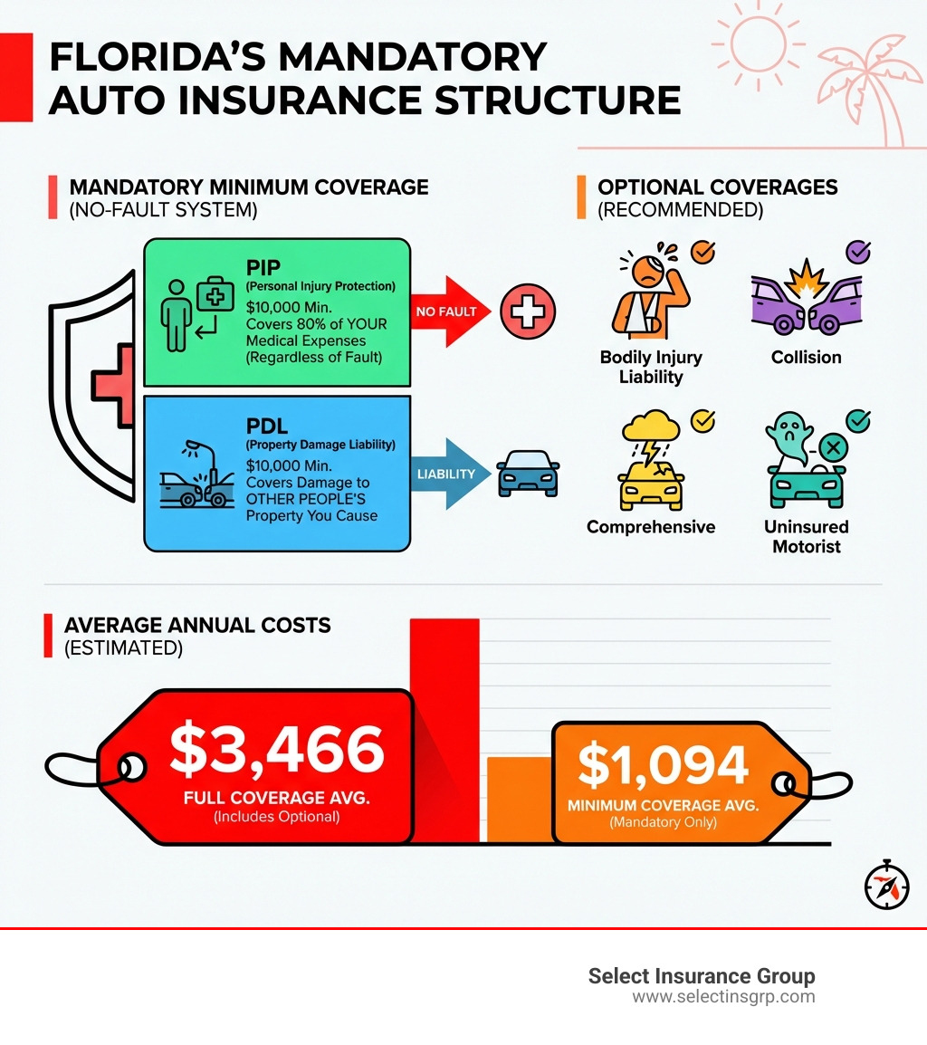 Infographic showing Florida's mandatory insurance structure: PIP $10,000 minimum covers 80% of your medical expenses regardless of fault, PDL $10,000 minimum covers damage to other people's property you cause, optional coverages include Bodily Injury Liability, Collision, Comprehensive, and Uninsured Motorist, with average costs of $3,466 per year for full coverage and $1,094 for minimum coverage - florida automobile insurance infographic 