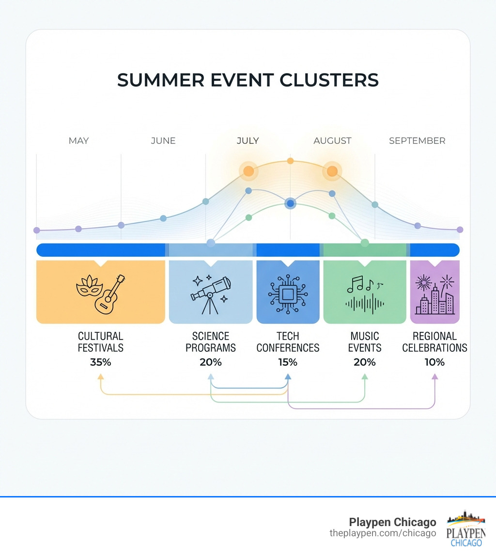 infographic showing summer event cluster types: cultural festivals 35%, science programs 20%, tech conferences 15%, music events 20%, regional celebrations 10% distributed across May-September timeline with peak activity in July-August - Summer events cluster infographic 