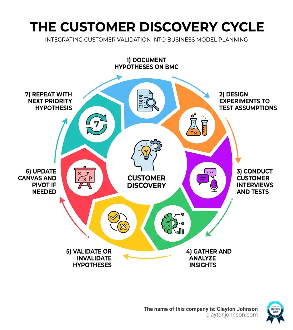 Infographic showing the customer discovery cycle: 1) Document hypotheses on BMC, 2) Design experiments to test assumptions, 3) Conduct customer interviews and tests, 4) Gather and analyze insights, 5) Validate or invalidate hypotheses, 6) Update canvas and pivot if needed, 7) Repeat with next priority hypothesis - BMC customer discovery canvas infographic 