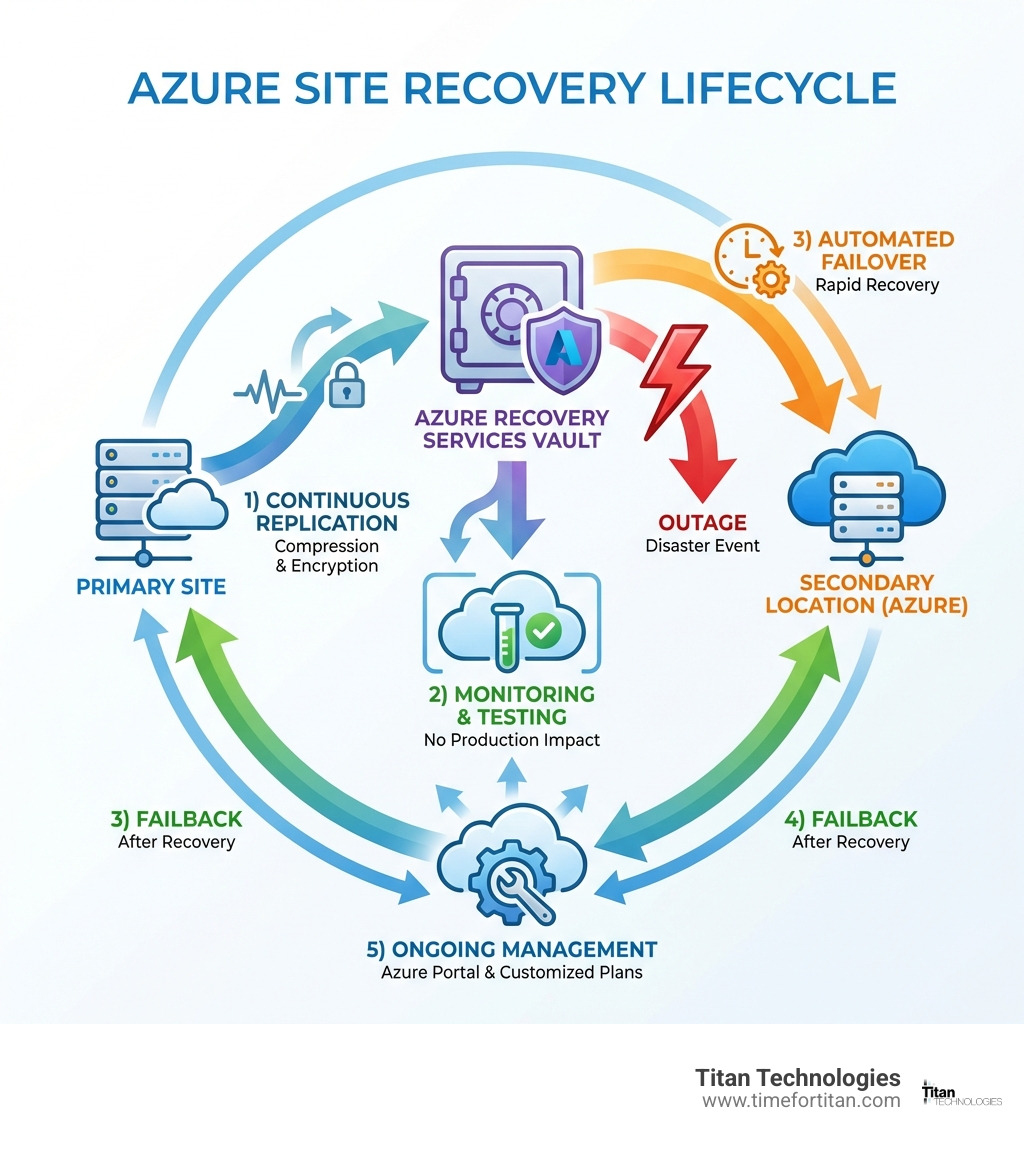 Infographic showing the Azure Site Recovery lifecycle: 1) Continuous replication from primary site to Azure Recovery Services Vault with compression and encryption, 2) Monitoring and testing without production impact, 3) Automated failover to secondary location during outage, 4) Failback to primary site after recovery, and 5) Ongoing management through Azure portal with customized recovery plans - azure site recovery infographic 