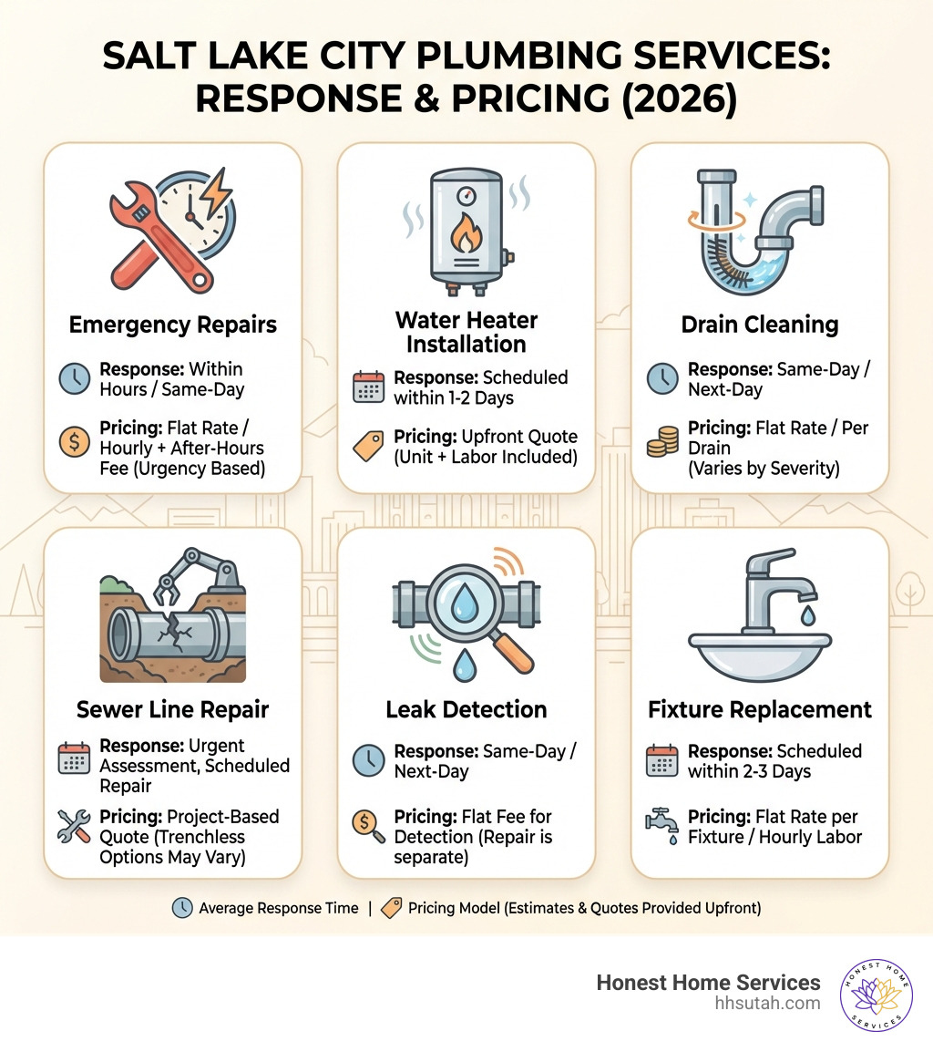 infographic showing common salt lake city plumbing services including emergency repairs, water heater installation, drain cleaning, sewer line repair, leak detection, and fixture replacement with average response times and pricing models - salt lake city plumbers infographic infographic showing common salt lake city plumbing services including emergency repairs, water heater installation, drain cleaning, sewer line repair, leak detection, and fixture replacement with average response times and pricing models - salt lake city plumbers infographic