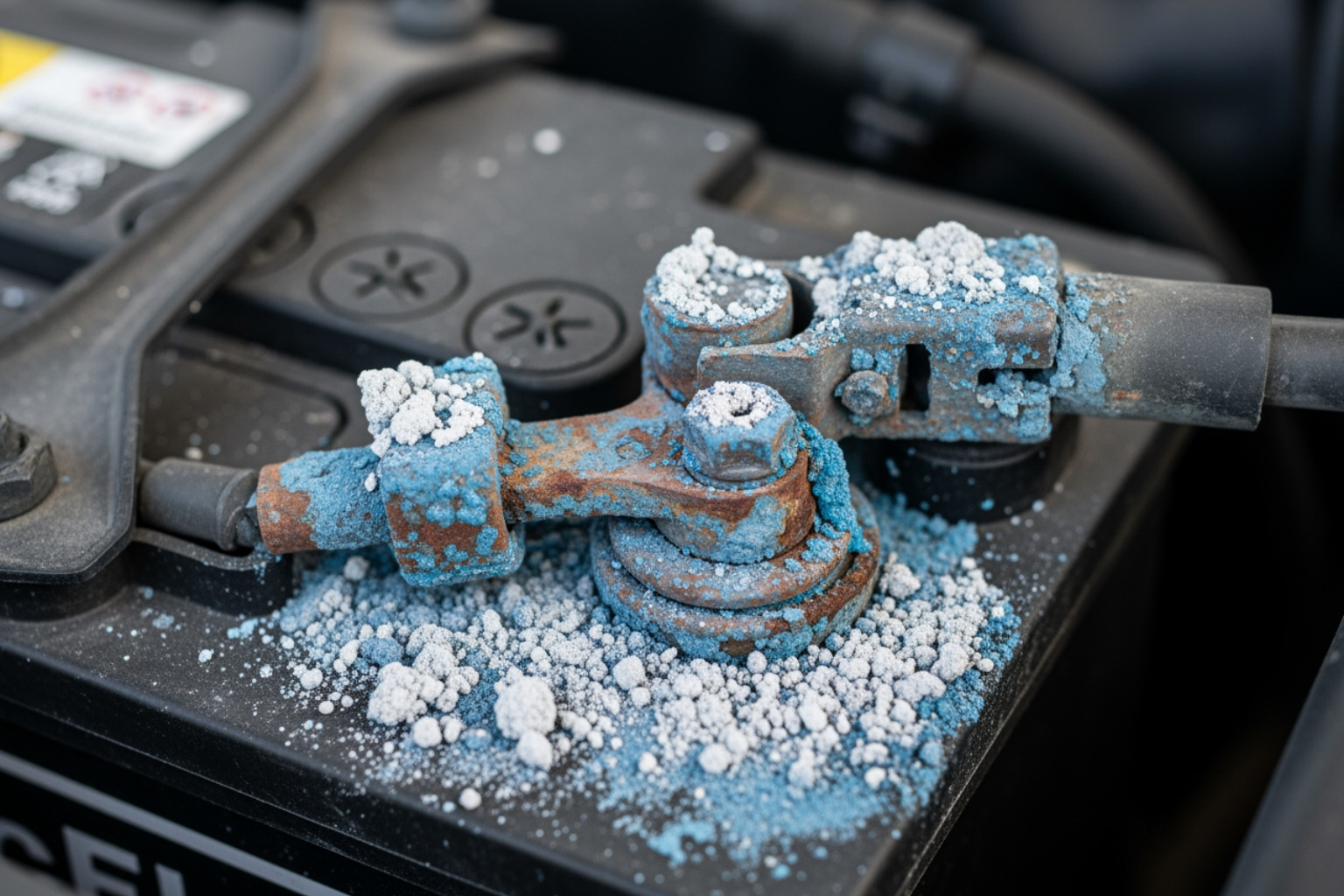 Corroded battery terminals showing blue and white oxidation - battery replacement kelso