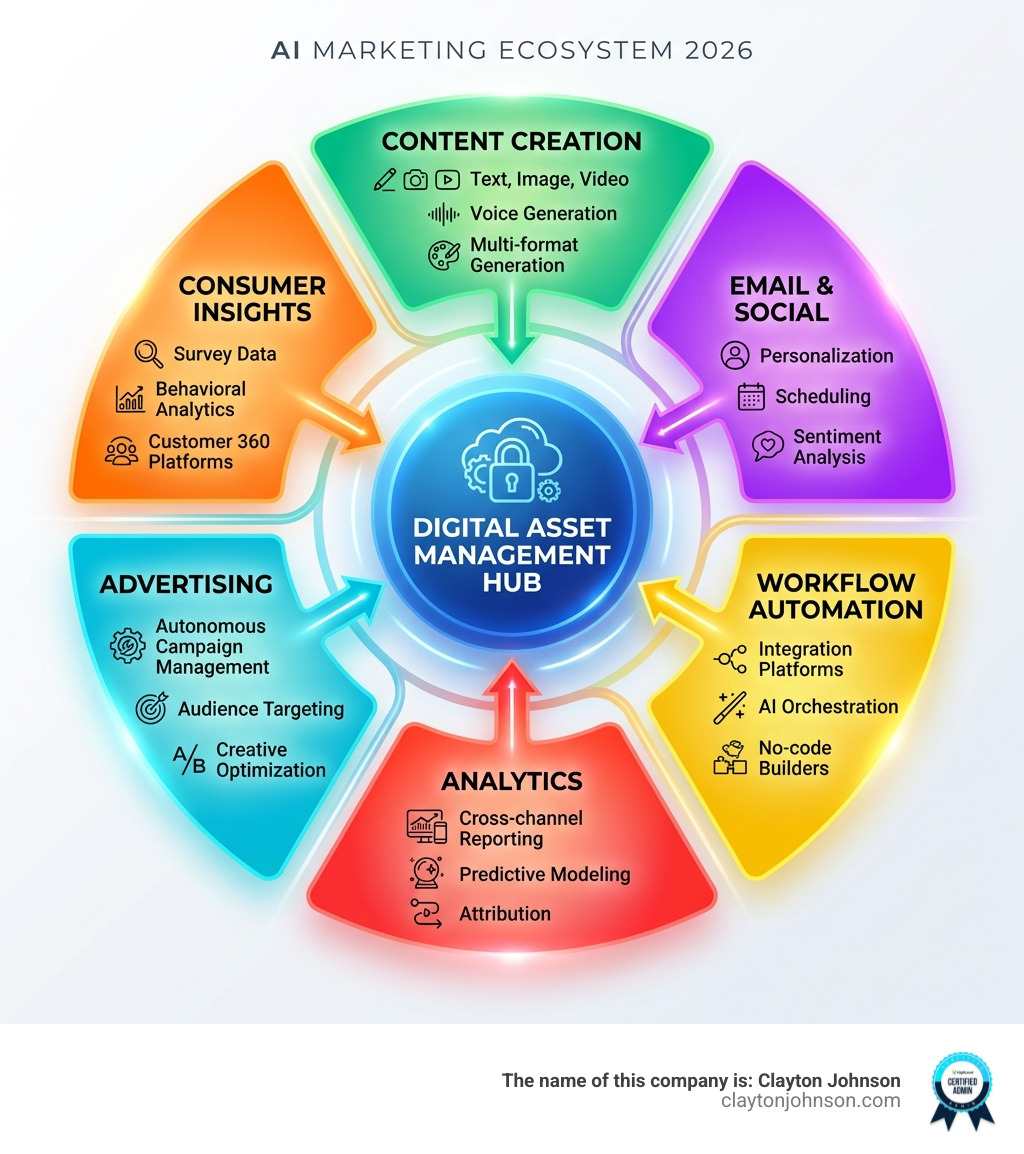 Infographic showing the AI marketing ecosystem with six core categories: Consumer Insights (survey data, behavioral analytics, customer 360 platforms), Content Creation (text, image, video, voice generation), Email & Social (personalization, scheduling, sentiment analysis), Advertising (autonomous campaign management, audience targeting, creative optimization), Analytics (cross-channel reporting, predictive modeling, attribution), and Workflow Automation (integration platforms, AI orchestration, no-code builders) all feeding into a central Digital Asset Management hub - AI marketing tools infographic 