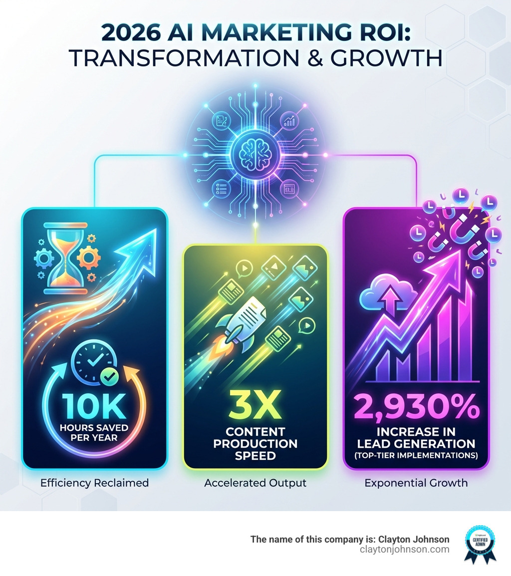 Infographic showing the 2026 AI Marketing ROI: 10k hours saved per year, 3x content production speed, and 2,930% increase in lead generation for top-tier implementations - AI marketing tools infographic 