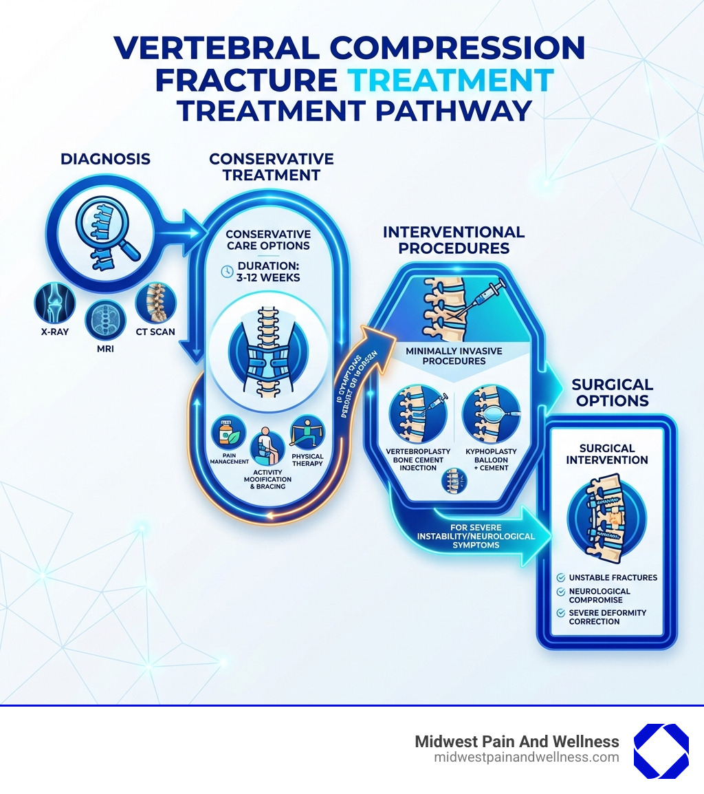 Infographic showing vertebral compression fracture treatment pathway: starting with diagnosis (X-ray, MRI, CT scan), moving through conservative treatment options (bracing, physical therapy, pain management for 3-12 weeks), then interventional procedures if needed (vertebroplasty or kyphoplasty with bone cement injection), and finally surgical options for severe cases with instability or neurological symptoms - Vertebral Compression Fracture Treatment infographic Infographic showing vertebral compression fracture treatment pathway: starting with diagnosis (X-ray, MRI, CT scan), moving through conservative treatment options (bracing, physical therapy, pain management for 3-12 weeks), then interventional procedures if needed (vertebroplasty or kyphoplasty with bone cement injection), and finally surgical options for severe cases with instability or neurological symptoms - Vertebral Compression Fracture Treatment infographic