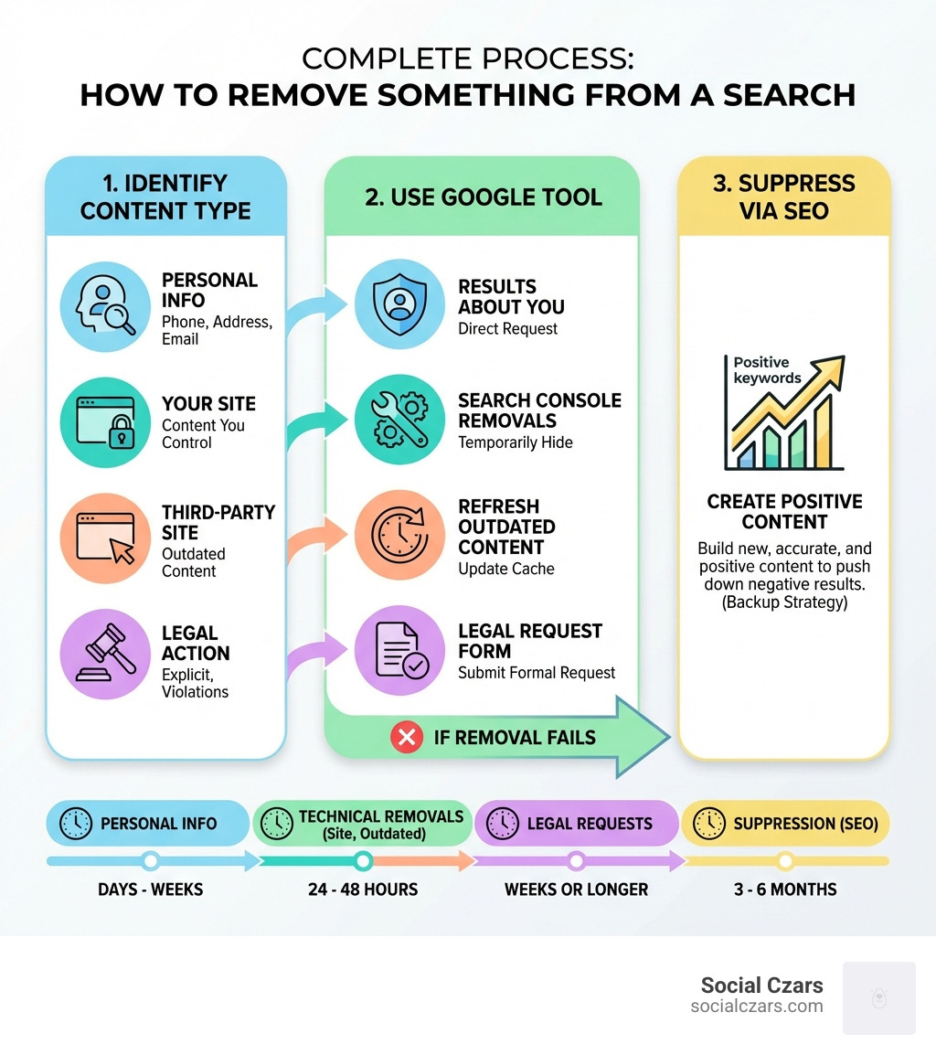 Infographic showing the complete process to remove something from a search: Step 1 - Identify if content is personal info, your site, third-party site, or requires legal action. Step 2 - Use appropriate Google tool (Results About You, Search Console Removals, Refresh Outdated Content, or Legal Request Form). Step 3 - If removal fails, suppress with positive content using SEO. Timeline shows personal info takes days-weeks, technical removals take 24-48 hours, legal requests take weeks, and suppression takes 3-6 months. - how to remove something from a search infographic 