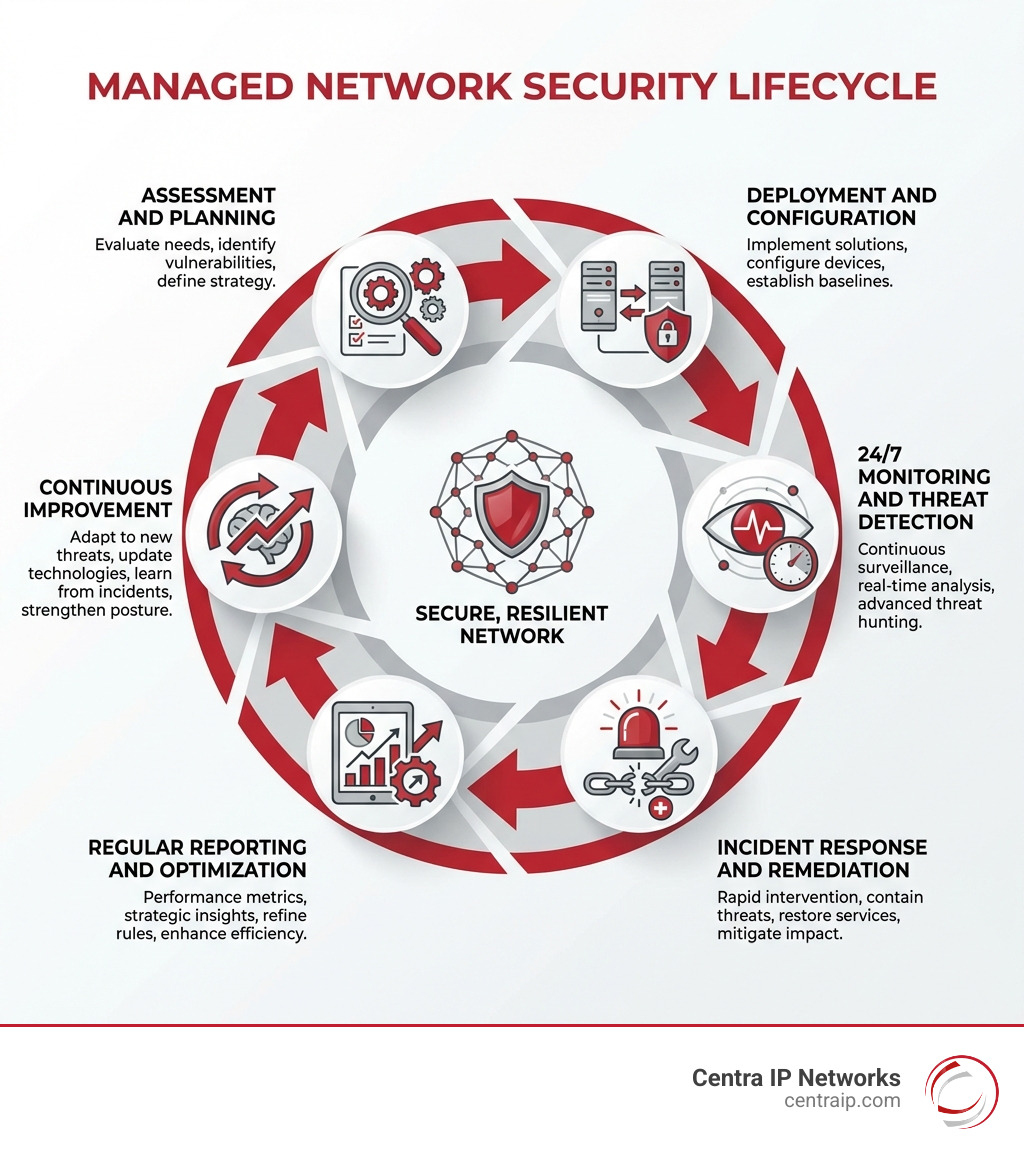 Infographic showing the managed network security lifecycle: Assessment and Planning → Deployment and Configuration → 24/7 Monitoring and Threat Detection → Incident Response and Remediation → Regular Reporting and Optimization → Continuous Improvement - Managed network security infographic Infographic showing the managed network security lifecycle: Assessment and Planning → Deployment and Configuration → 24/7 Monitoring and Threat Detection → Incident Response and Remediation → Regular Reporting and Optimization → Continuous Improvement - Managed network security infographic