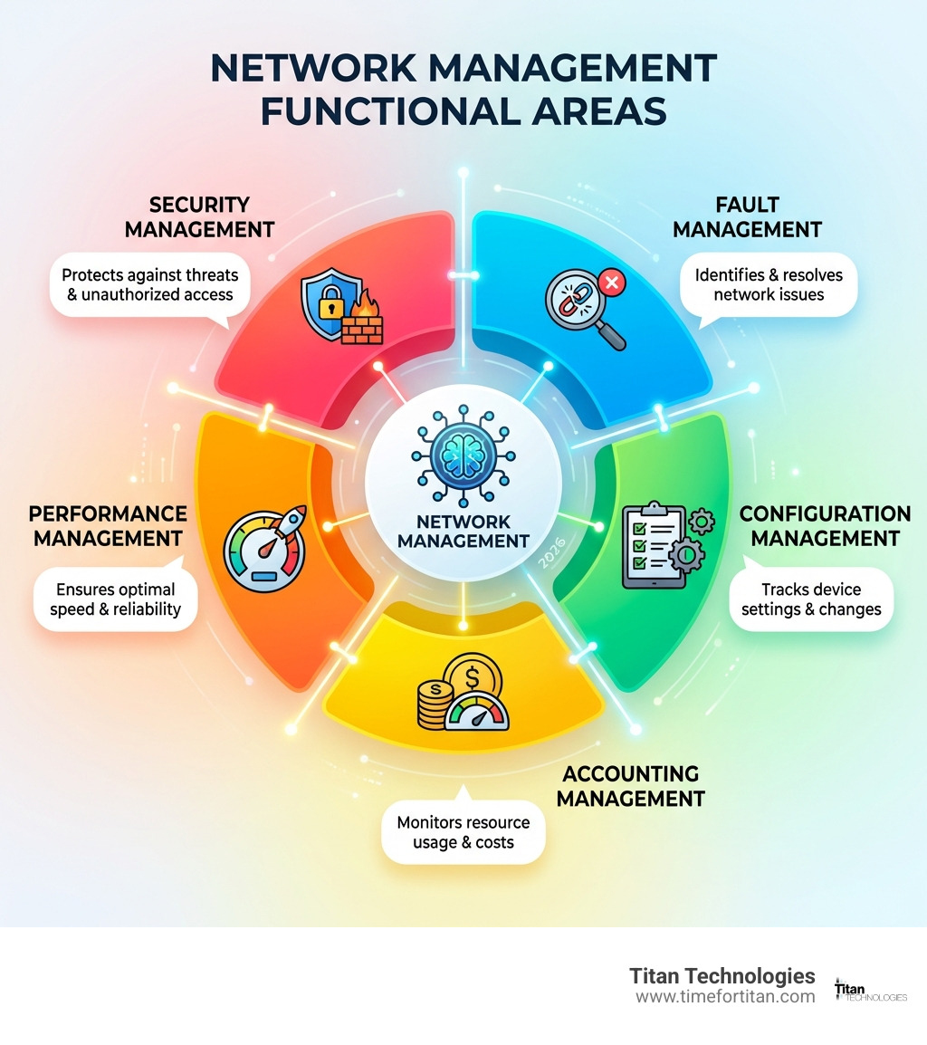 infographic showing the five functional areas of network management: fault management identifies and resolves network issues; configuration management tracks device settings and changes; accounting management monitors resource usage and costs; performance management ensures optimal speed and reliability; security management protects against threats and unauthorized access - network management and control infographic infographic showing the five functional areas of network management: fault management identifies and resolves network issues; configuration management tracks device settings and changes; accounting management monitors resource usage and costs; performance management ensures optimal speed and reliability; security management protects against threats and unauthorized access - network management and control infographic